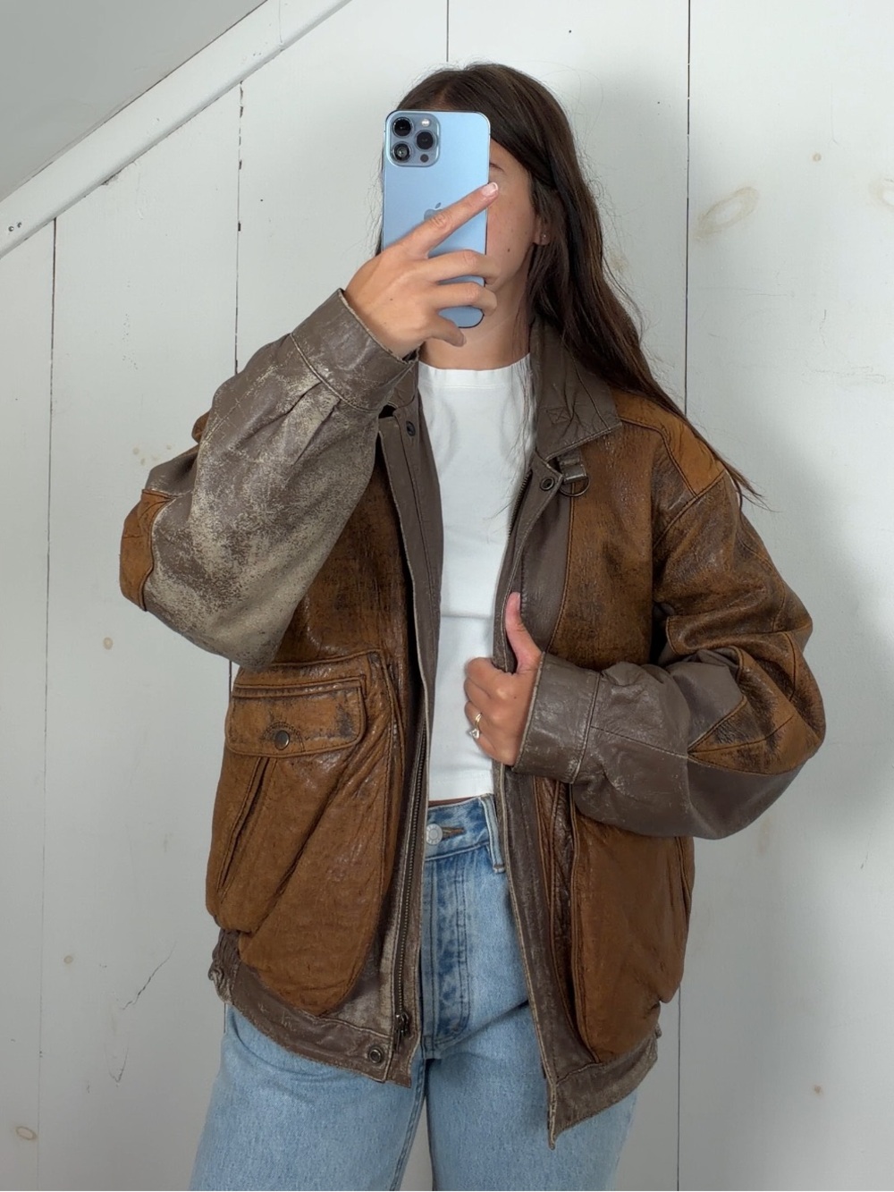 Vintage Brown Leather Distressed Patina Flight Bomber Jacket Mens 42 Funnel Neck - Picture 2 of 15